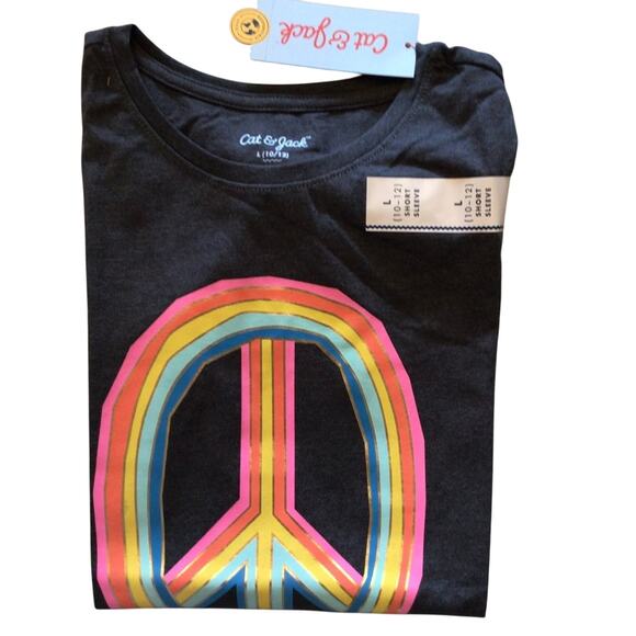 Peace Sign Graphic T-SHIRT Short Sleeve Girls LG 10/12 Rainbow Tee Top Grey NWT - Picture 3 of 4